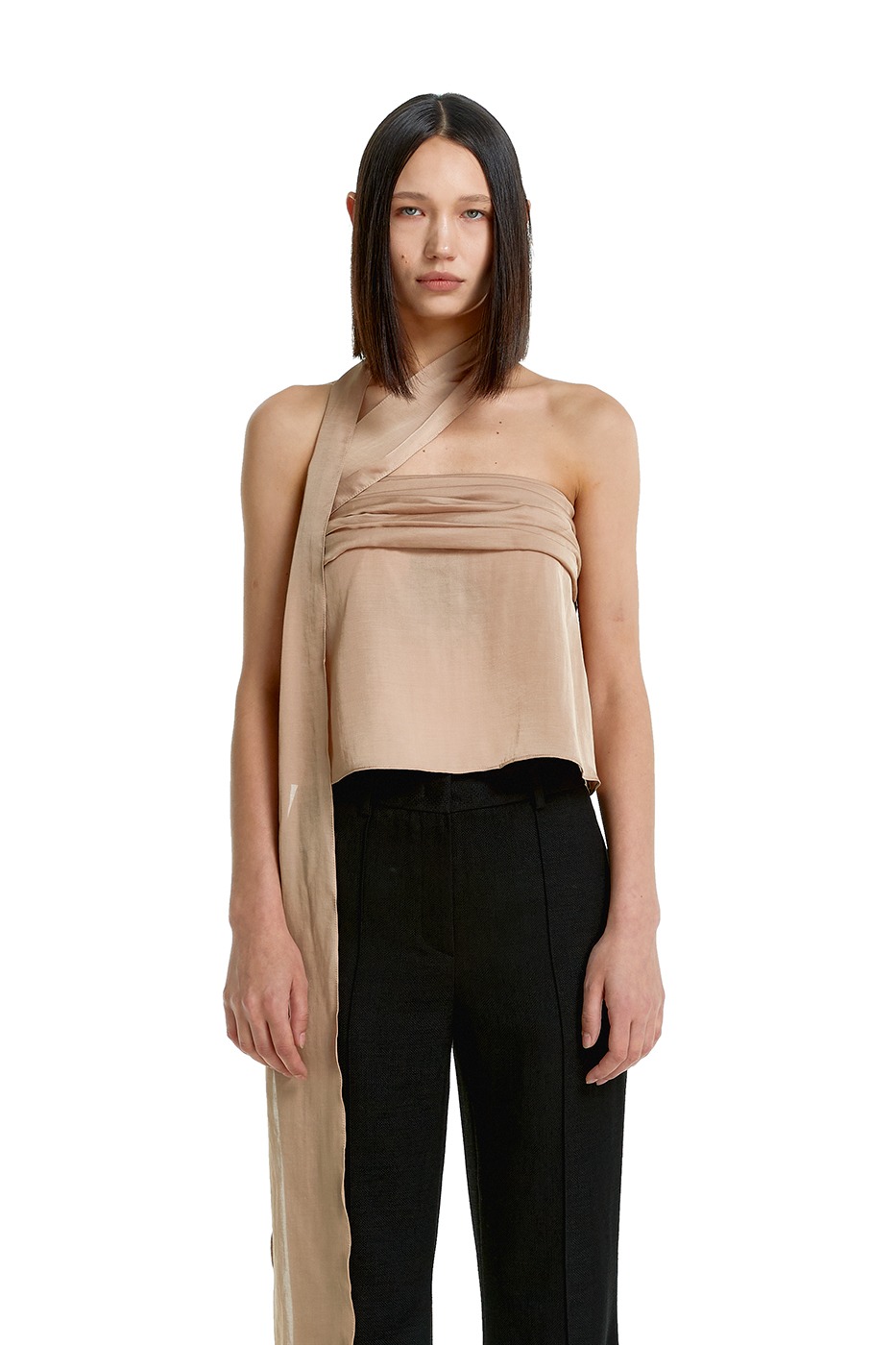 SCARF TUBE TOP BLOUSE-BEIGE