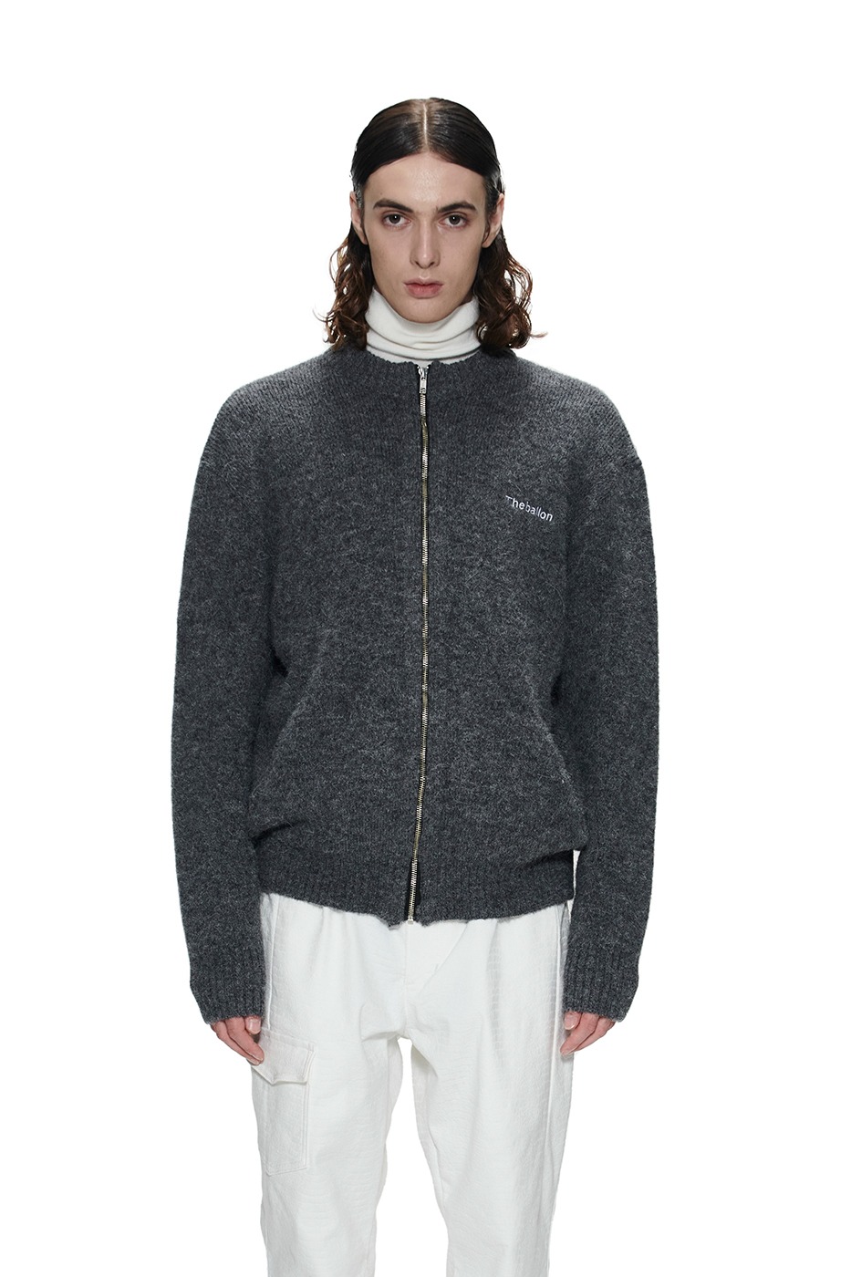EMBROIDER KNIT ZIP UP - GRAY