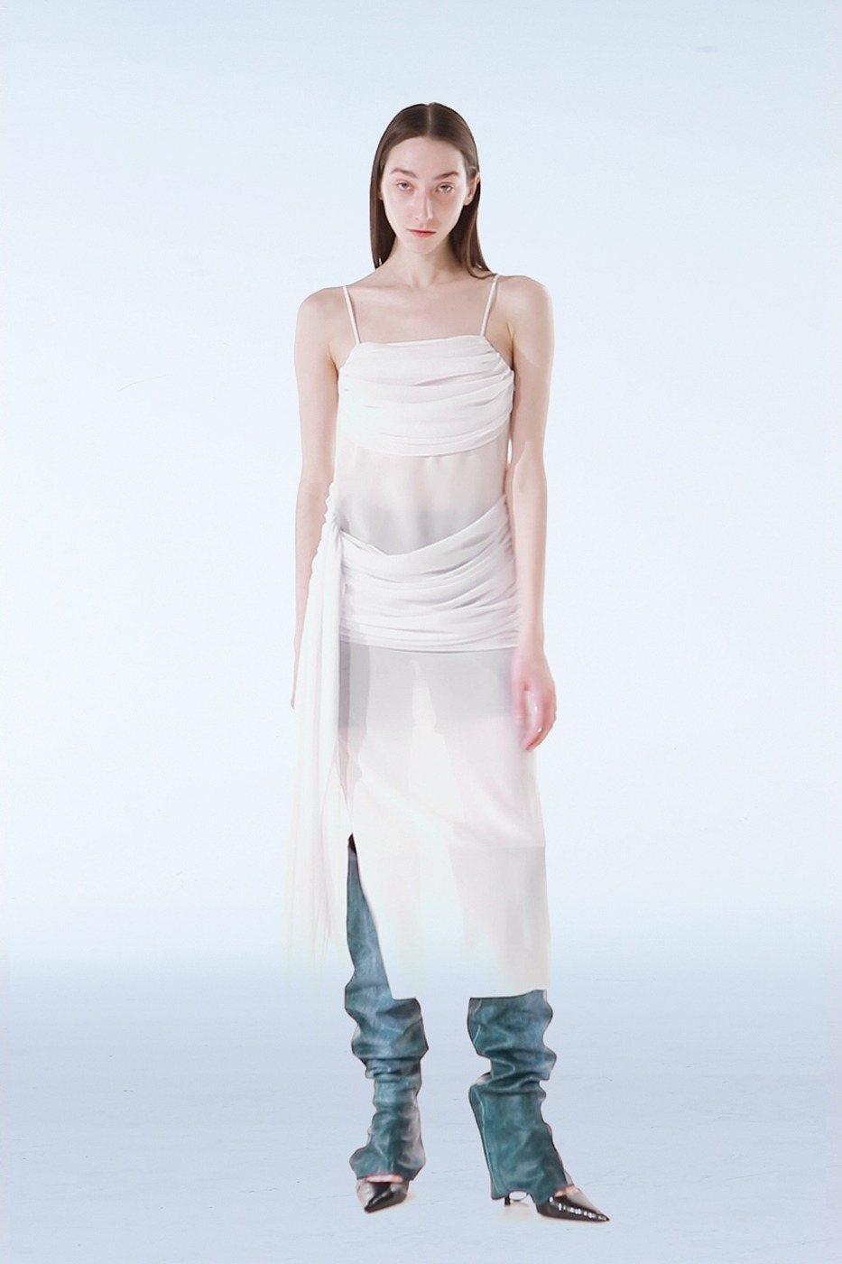 MAXI SHIRRING SLEEVELESS DRESS - WHITE